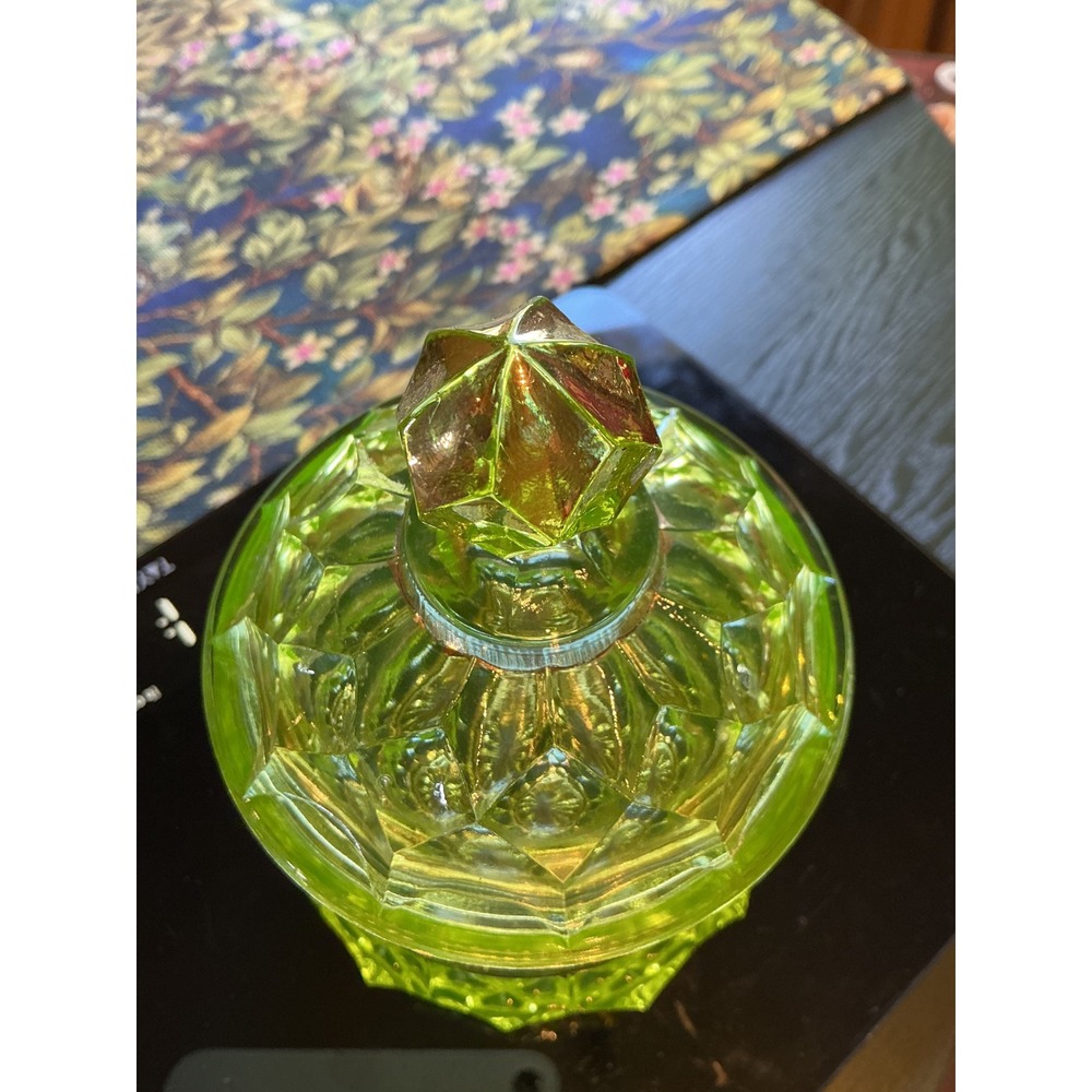 Antique Beaumont Glass Vaseline/Uranium Candy Jar with Lid - Picture 8 of 16